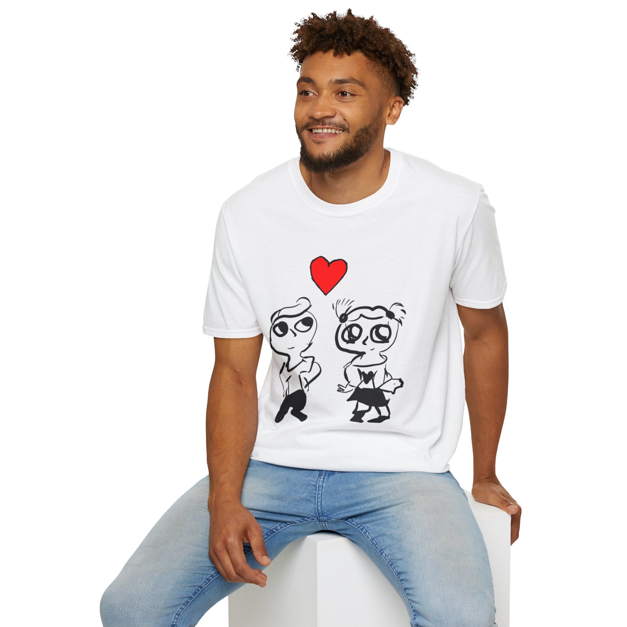 Romantic Cartoon Couple T-Shirt — Cute Heart Sketch Valentine Tee  hand-drawn
