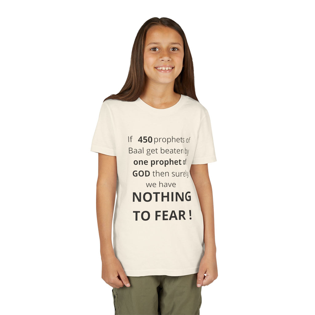 Youth T-Shirt — 1 Kings 18:27 “Don’t Fear Our God Is Strong” (Designed by 12-Year-Old)