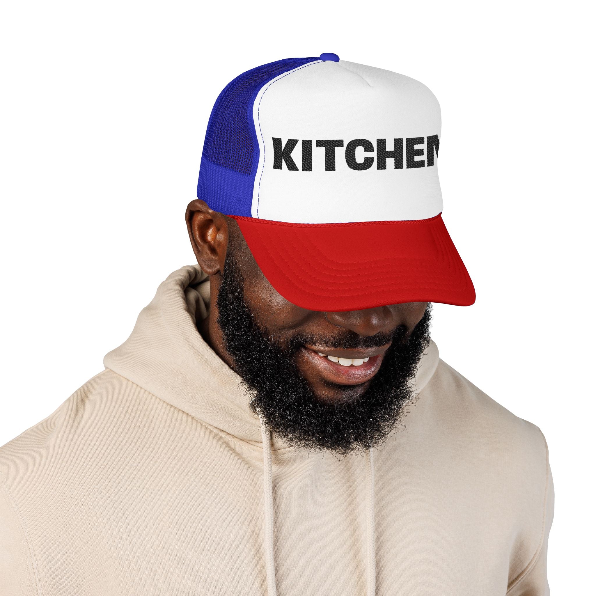 Kitchen Trucker Hat — Retro Foam Front Cap with Bold 'KITCHEN' Text
