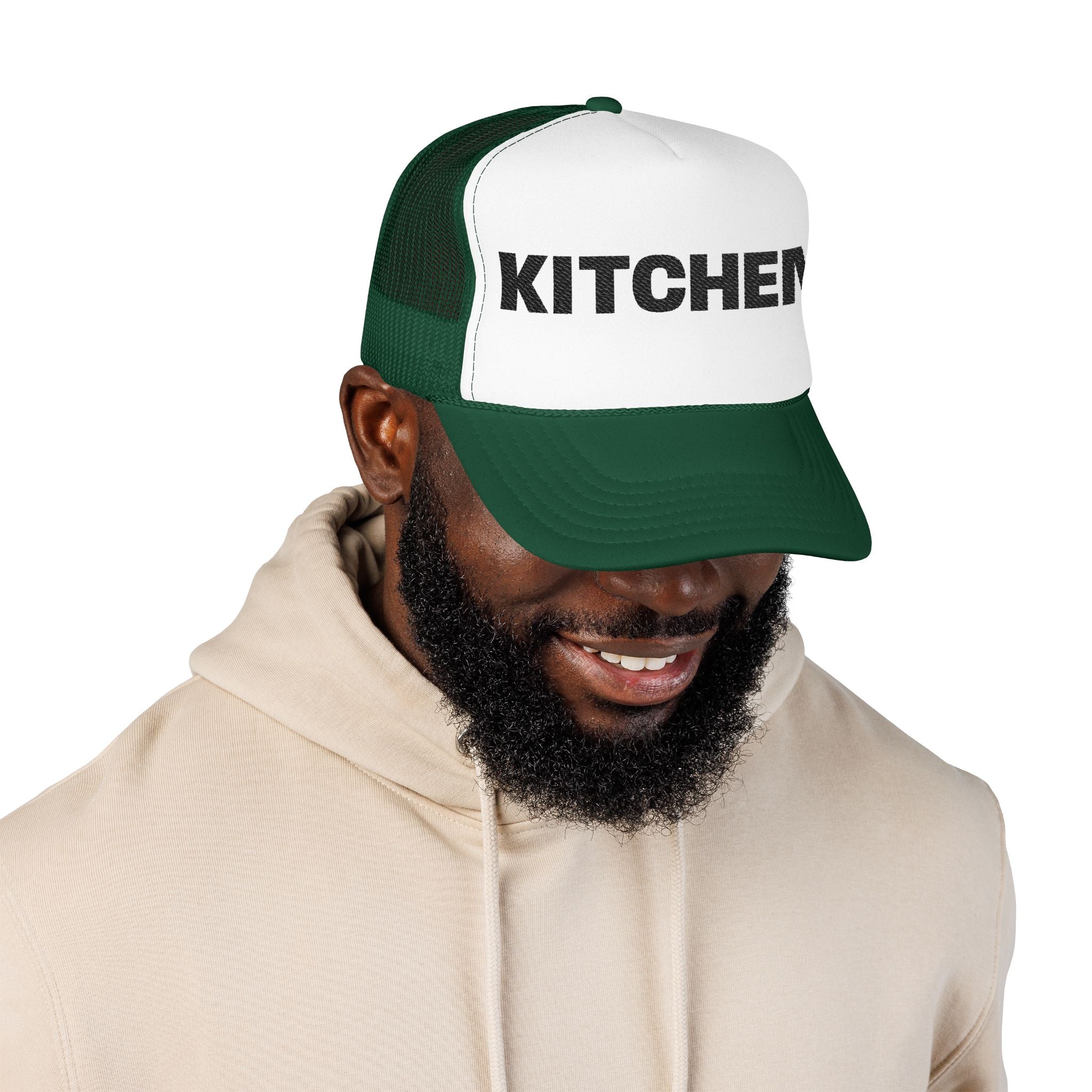 Kitchen Trucker Hat — Retro Foam Front Cap with Bold 'KITCHEN' Text