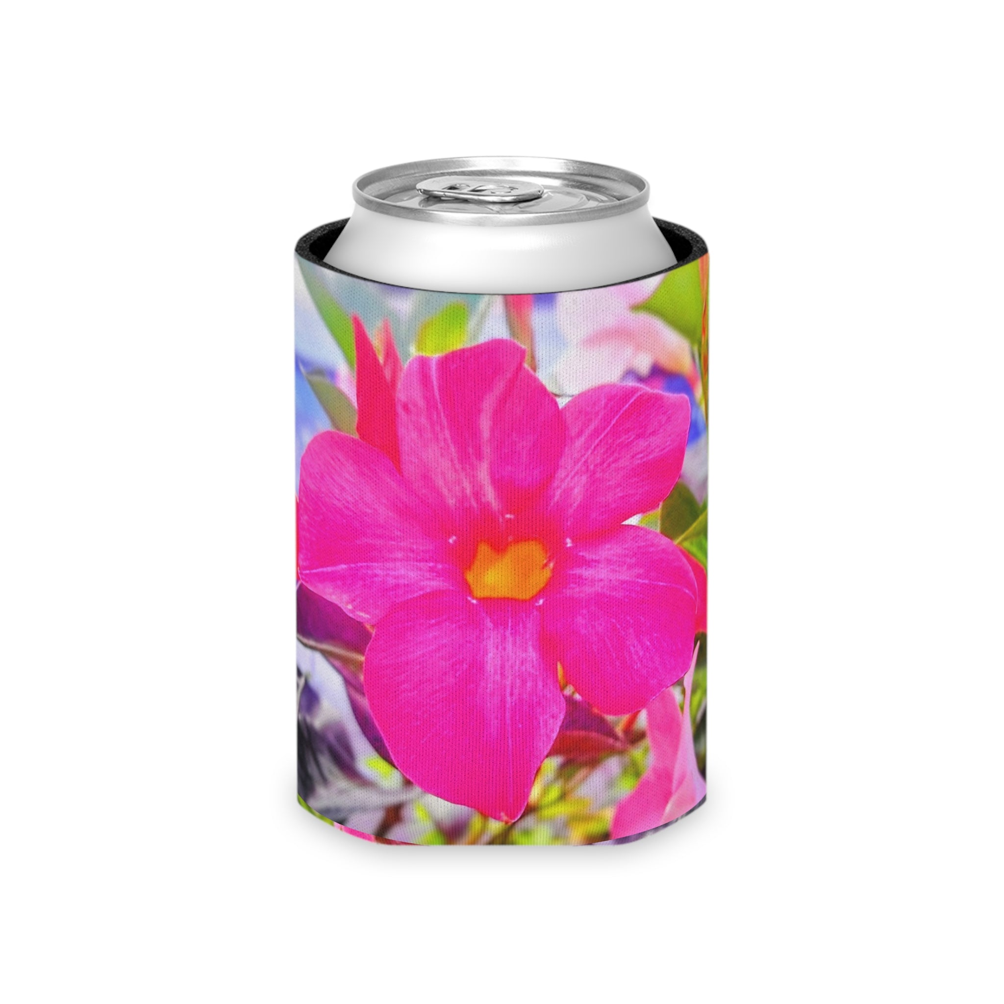 Pink Mandevilla Floral Can Cooler — Tropical Flower Drink Koozie