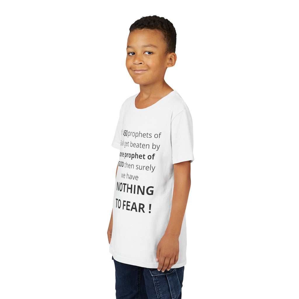 Youth T-Shirt — 1 Kings 18:27 “Don’t Fear Our God Is Strong” (Designed by 12-Year-Old)