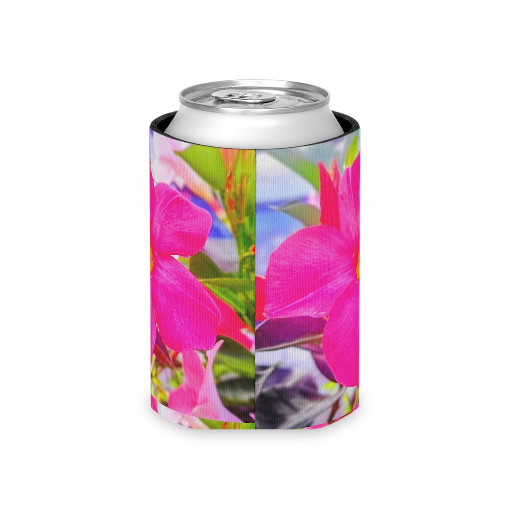Pink Mandevilla Floral Can Cooler — Tropical Flower Drink Koozie