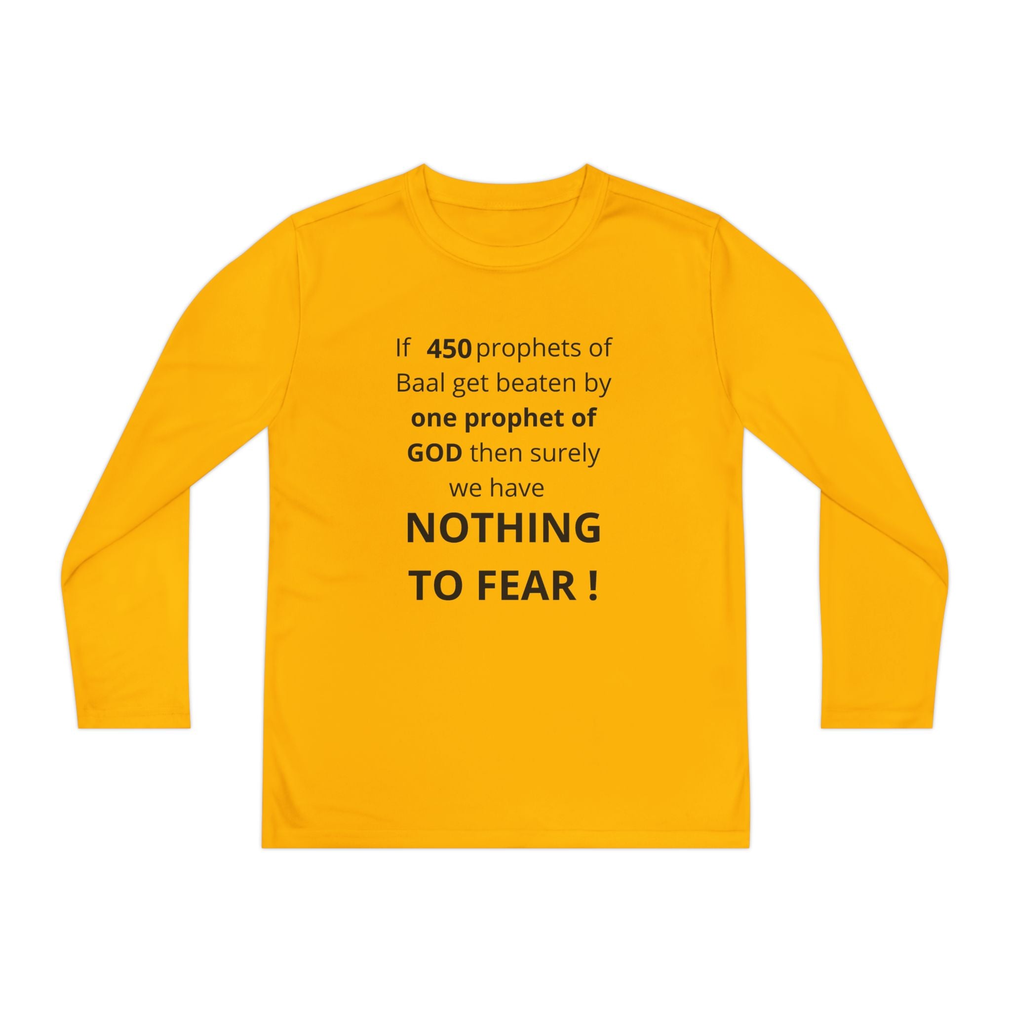 Youth Long Sleeve Tee — "Nothing to Fear" (1 Kings 18:27) — Kid-Designed Christian Tee