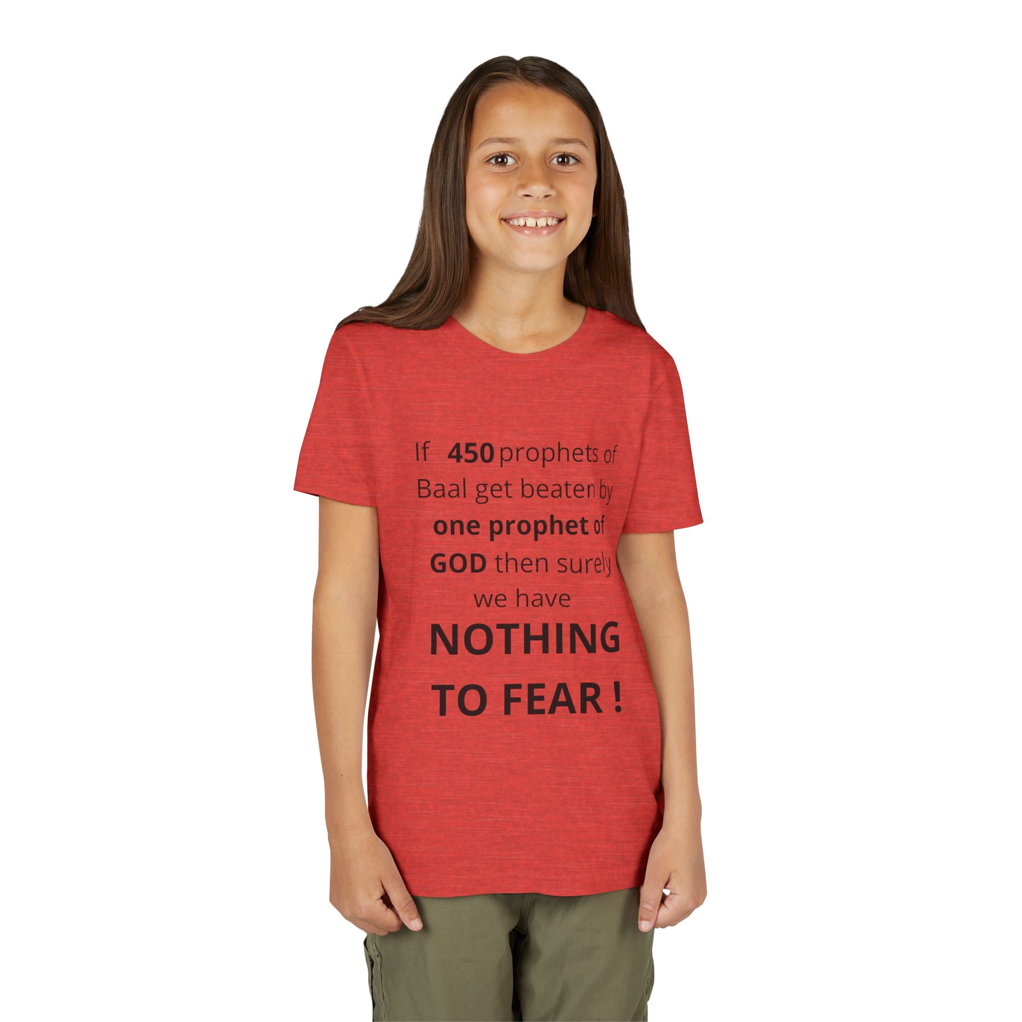 Youth T-Shirt — 1 Kings 18:27 “Don’t Fear Our God Is Strong” (Designed by 12-Year-Old)