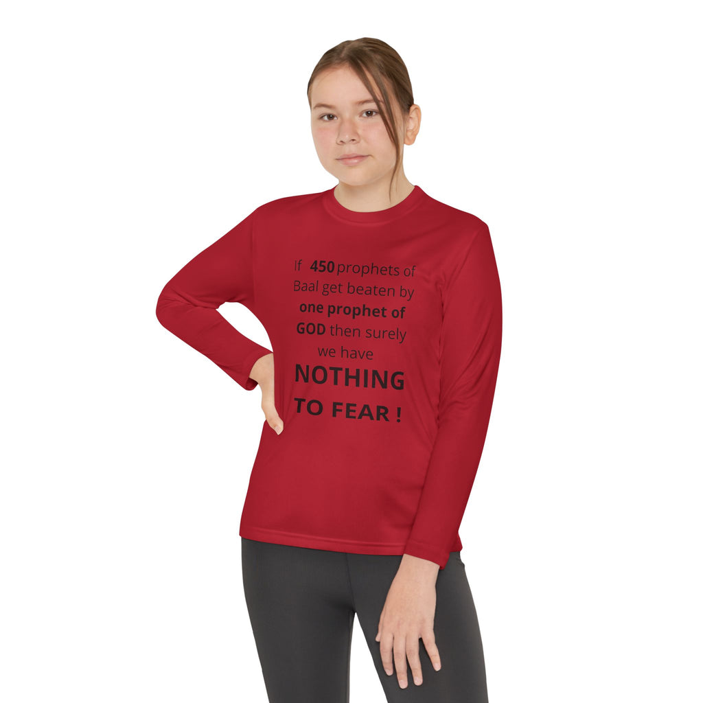 Youth Long Sleeve Tee — "Nothing to Fear" (1 Kings 18:27) — Kid-Designed Christian Tee