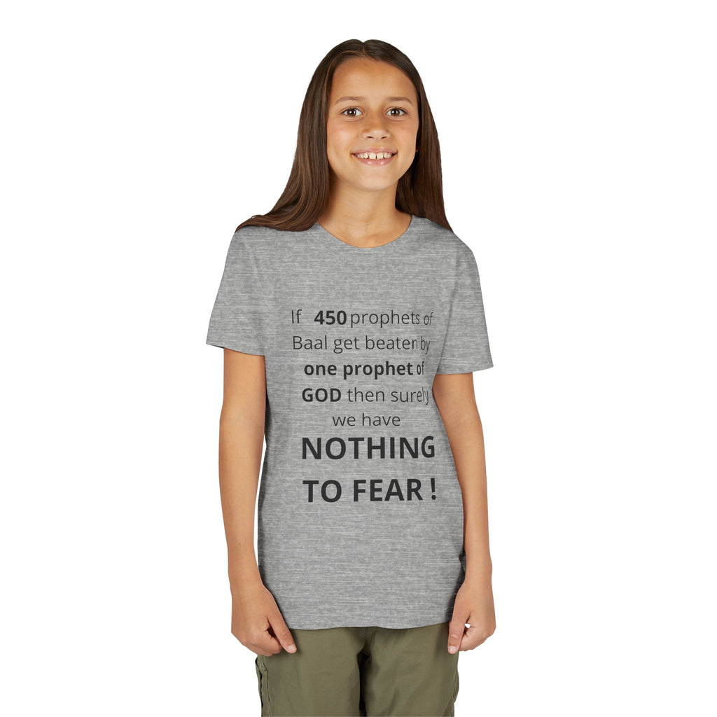 Youth T-Shirt — 1 Kings 18:27 “Don’t Fear Our God Is Strong” (Designed by 12-Year-Old)
