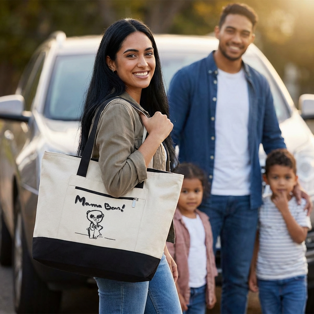 Mama Bear Canvas Tote Bag — Cute Hand-Drawn Mom & Baby Design