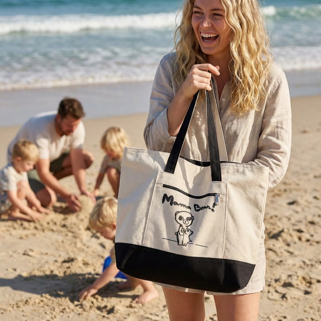 Mama Bear Canvas Tote Bag — Cute Hand-Drawn Mom & Baby Design