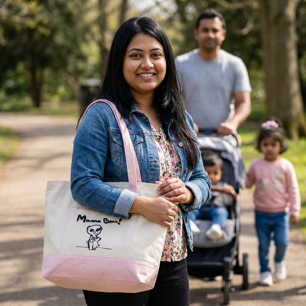 Mama Bear Canvas Tote Bag — Cute Hand-Drawn Mom & Baby Design
