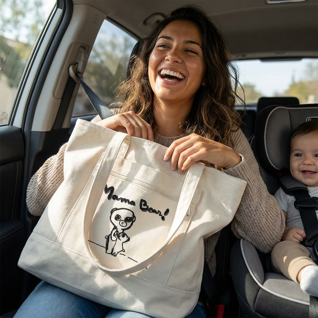 Mama Bear Canvas Tote Bag — Cute Hand-Drawn Mom & Baby Design