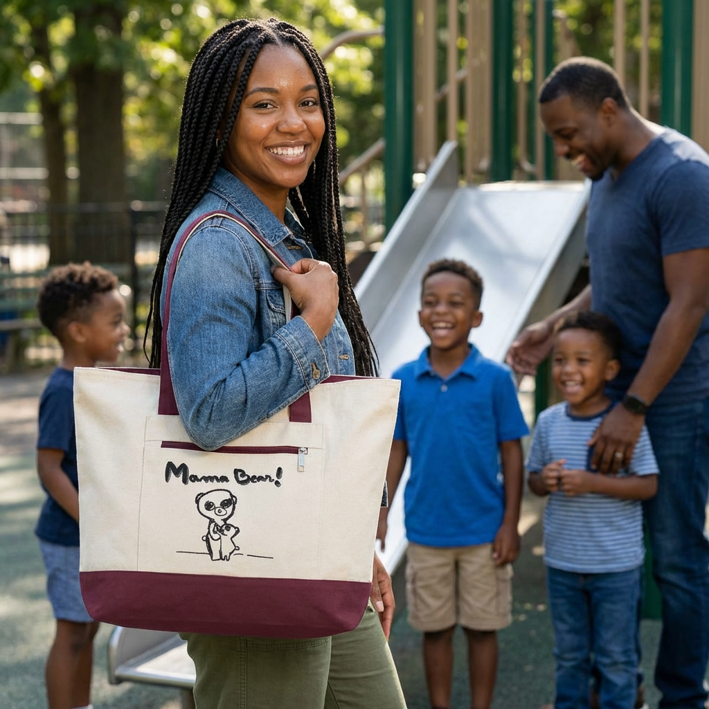 Mama Bear Canvas Tote Bag — Cute Hand-Drawn Mom & Baby Design