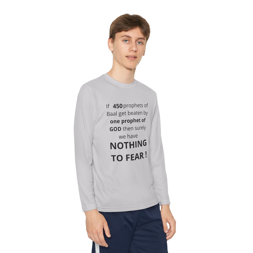 Youth Long Sleeve Tee — "Nothing to Fear" (1 Kings 18:27) — Kid-Designed Christian Tee