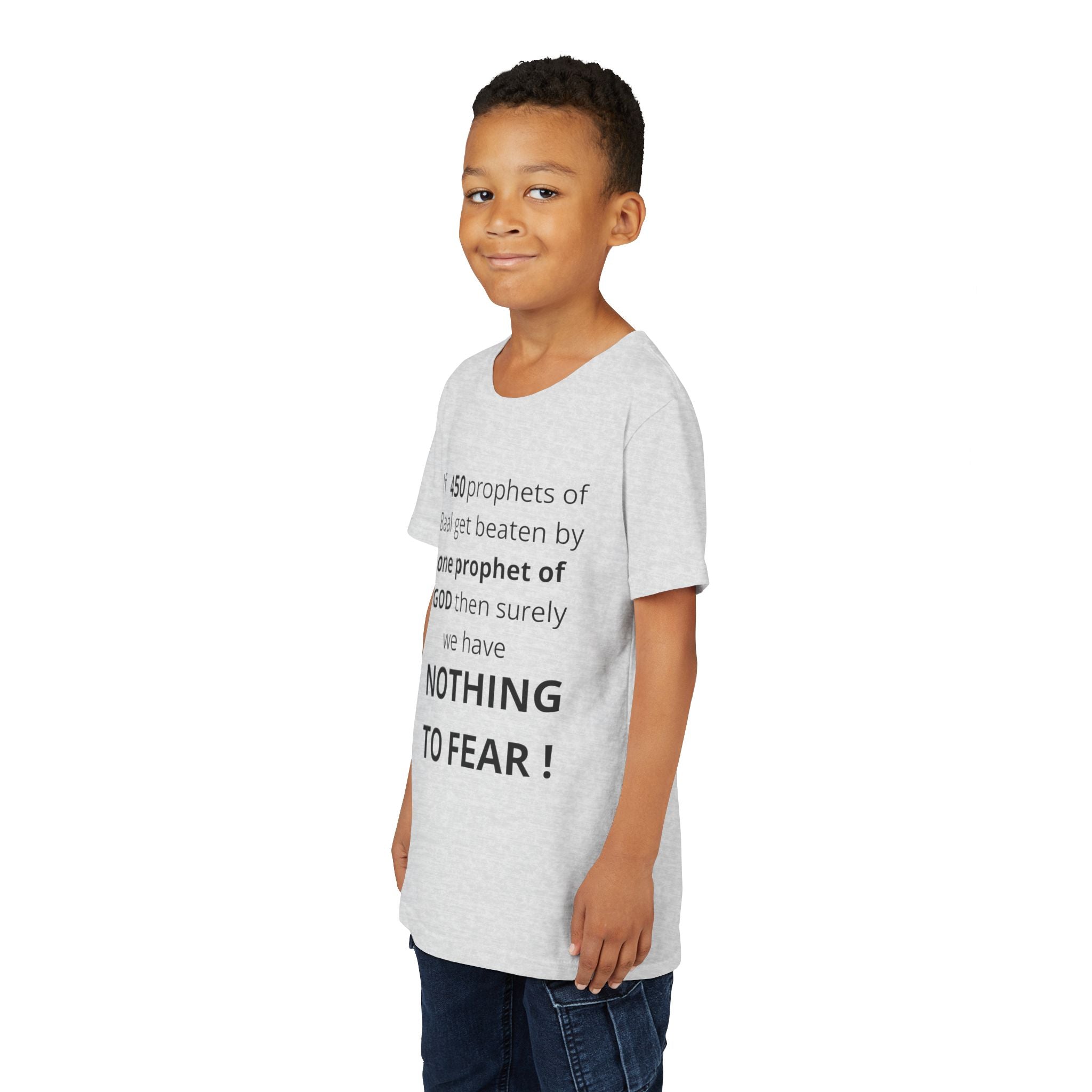 Youth T-Shirt — 1 Kings 18:27 “Don’t Fear Our God Is Strong” (Designed by 12-Year-Old)