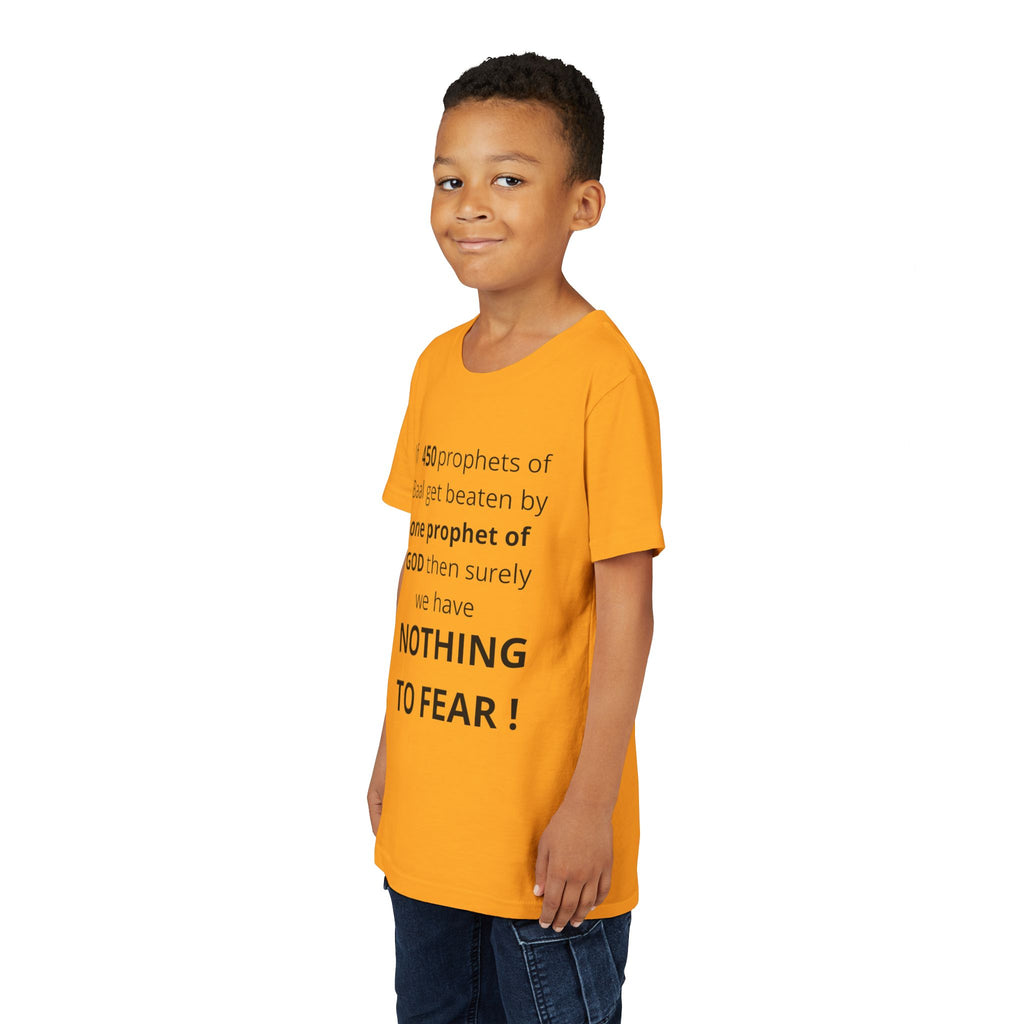 Youth T-Shirt — 1 Kings 18:27 “Don’t Fear Our God Is Strong” (Designed by 12-Year-Old)