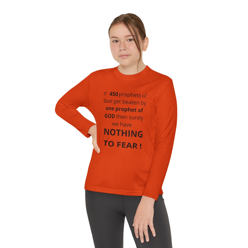 Youth Long Sleeve Tee — "Nothing to Fear" (1 Kings 18:27) — Kid-Designed Christian Tee