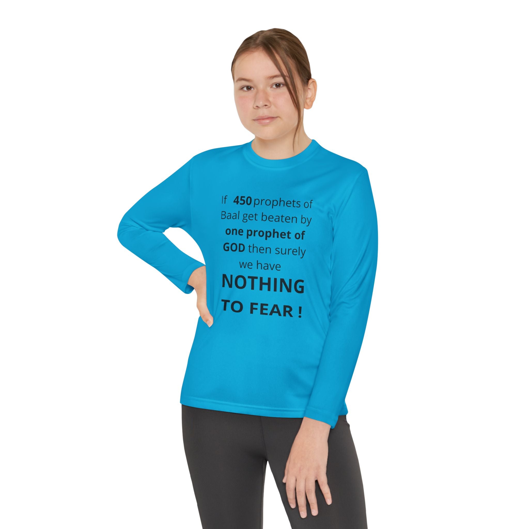 Youth Long Sleeve Tee — "Nothing to Fear" (1 Kings 18:27) — Kid-Designed Christian Tee