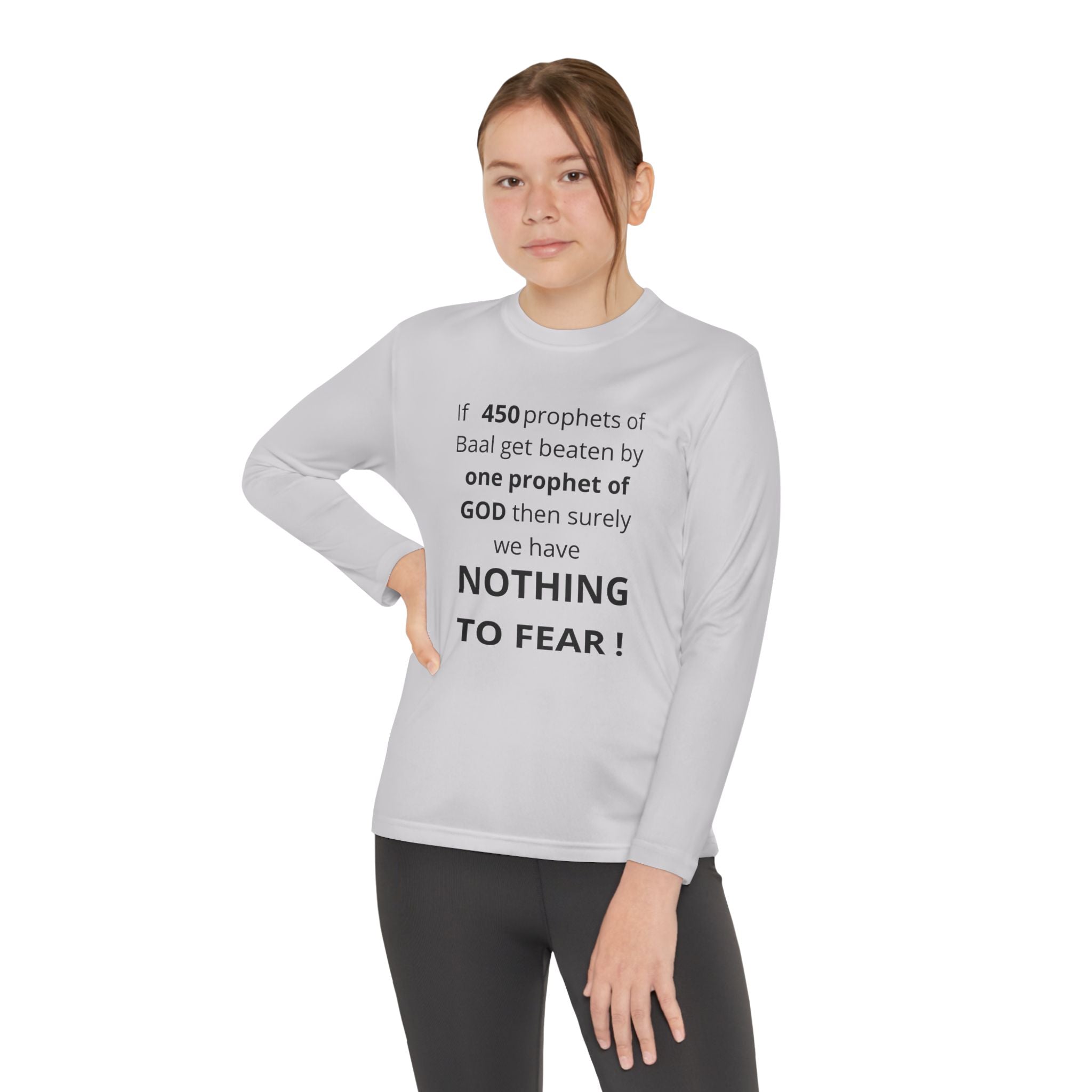 Youth Long Sleeve Tee — "Nothing to Fear" (1 Kings 18:27) — Kid-Designed Christian Tee