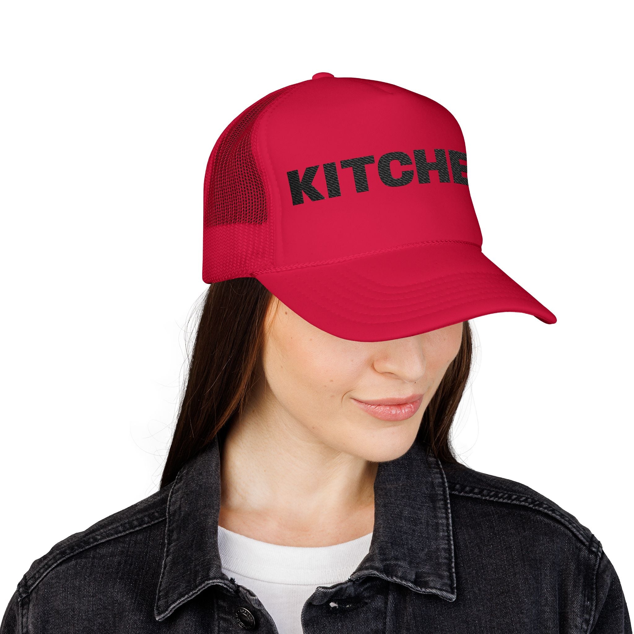 Kitchen Trucker Hat — Retro Foam Front Cap with Bold 'KITCHEN' Text