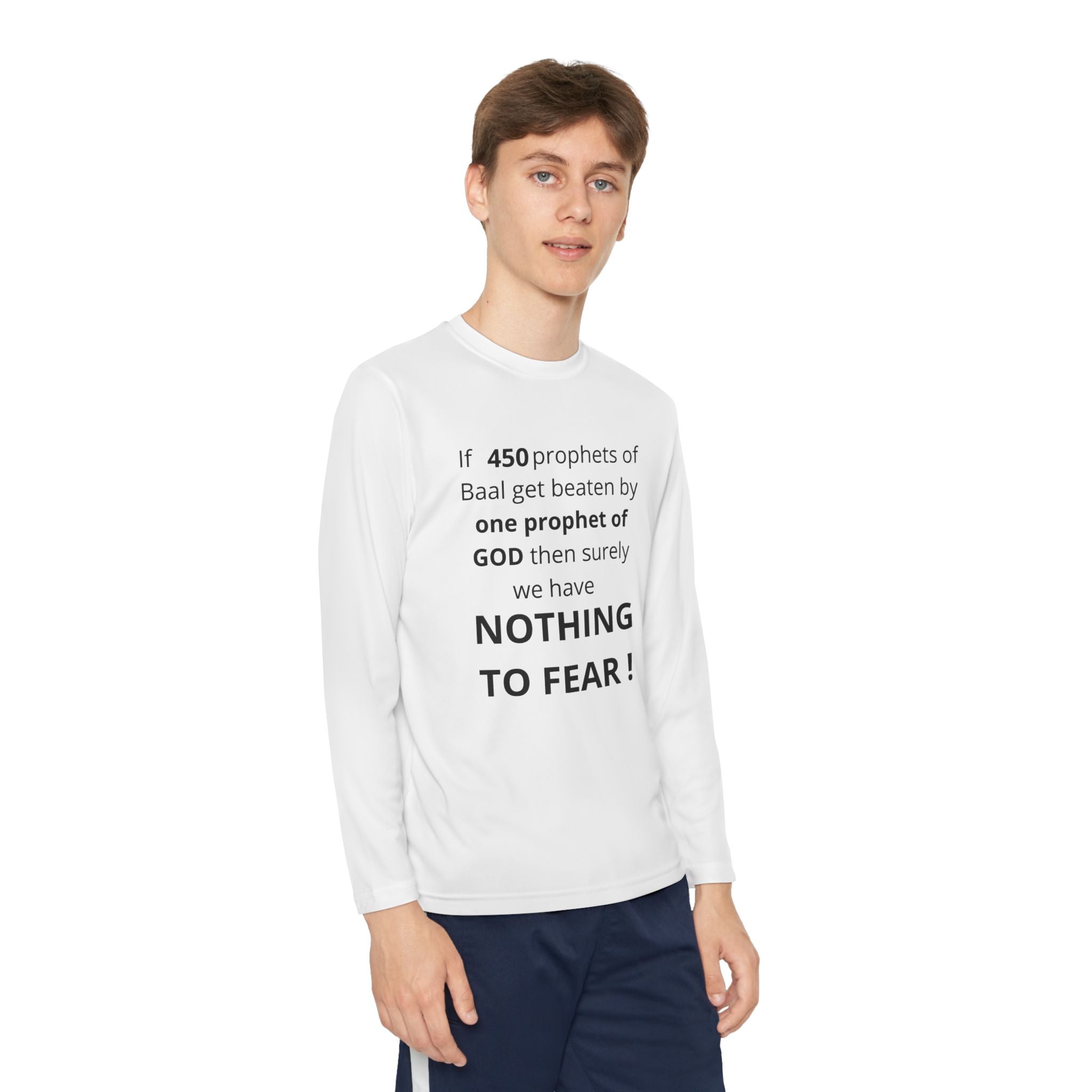 Youth Long Sleeve Tee — "Nothing to Fear" (1 Kings 18:27) — Kid-Designed Christian Tee