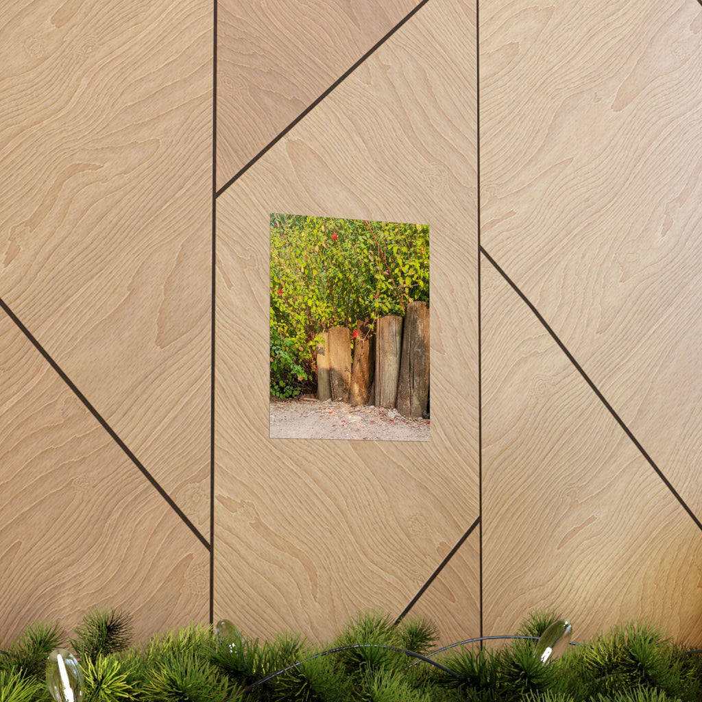 Woodland Garden Vertical Poster — Rustic Tree Stump & Greenery Matte Print