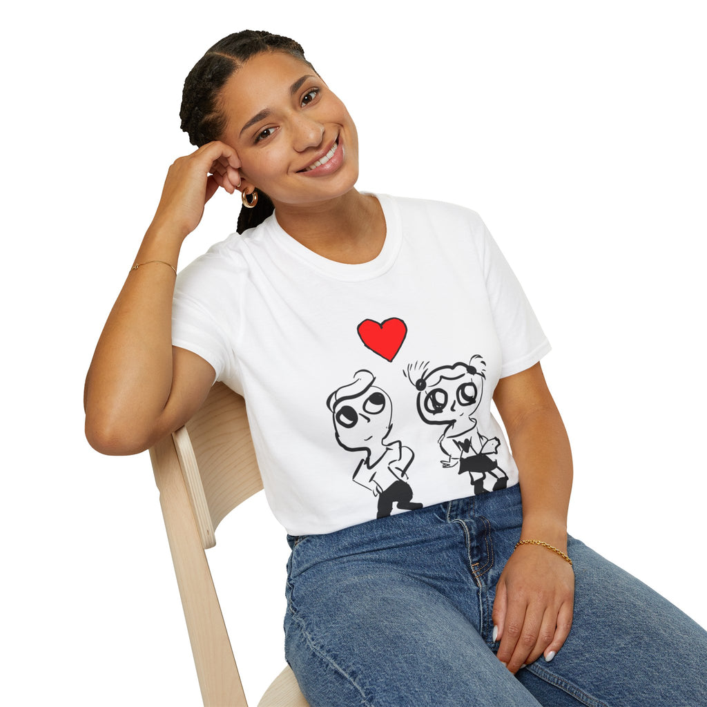 Romantic Cartoon Couple T-Shirt — Cute Heart Sketch Valentine Tee  hand-drawn