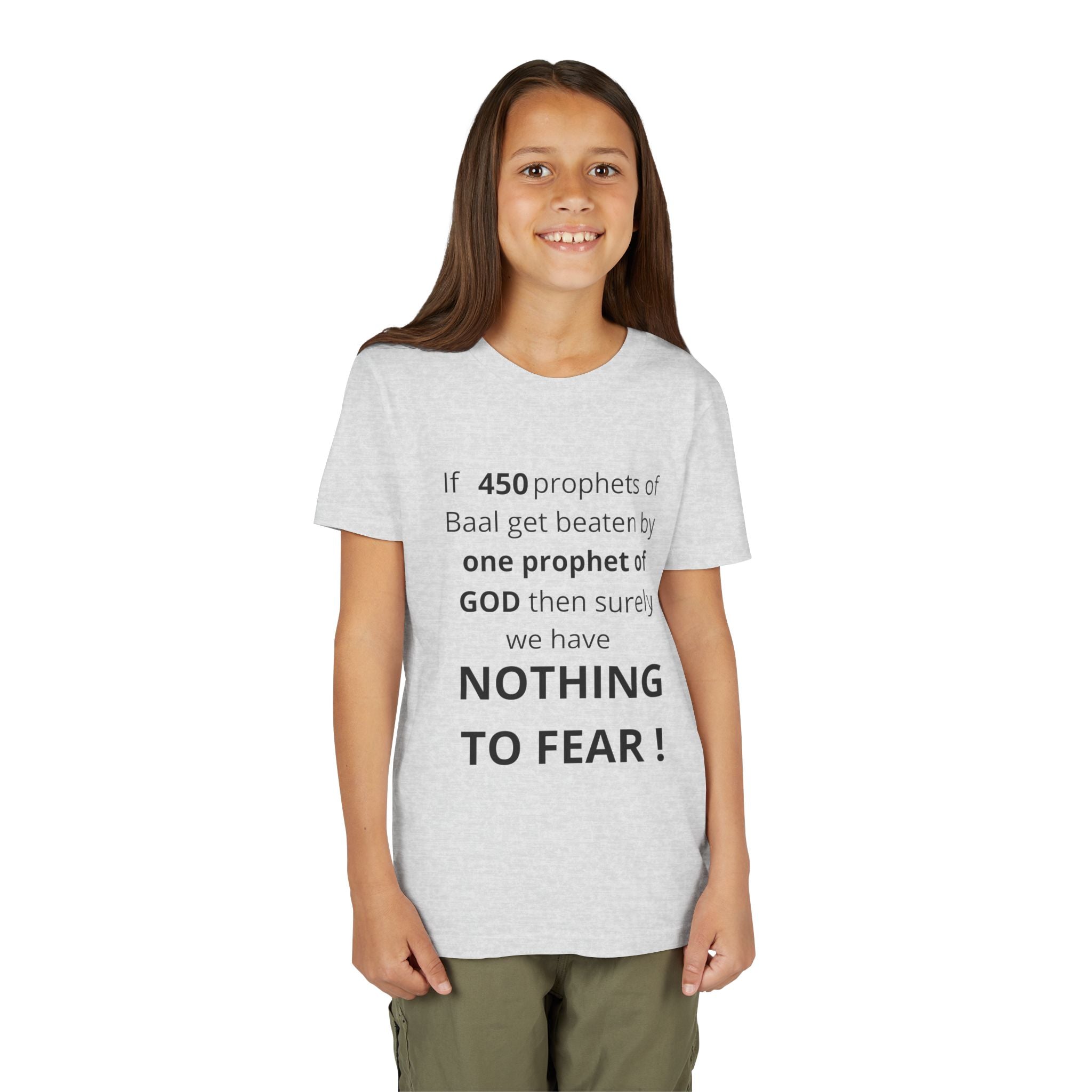 Youth T-Shirt — 1 Kings 18:27 “Don’t Fear Our God Is Strong” (Designed by 12-Year-Old)