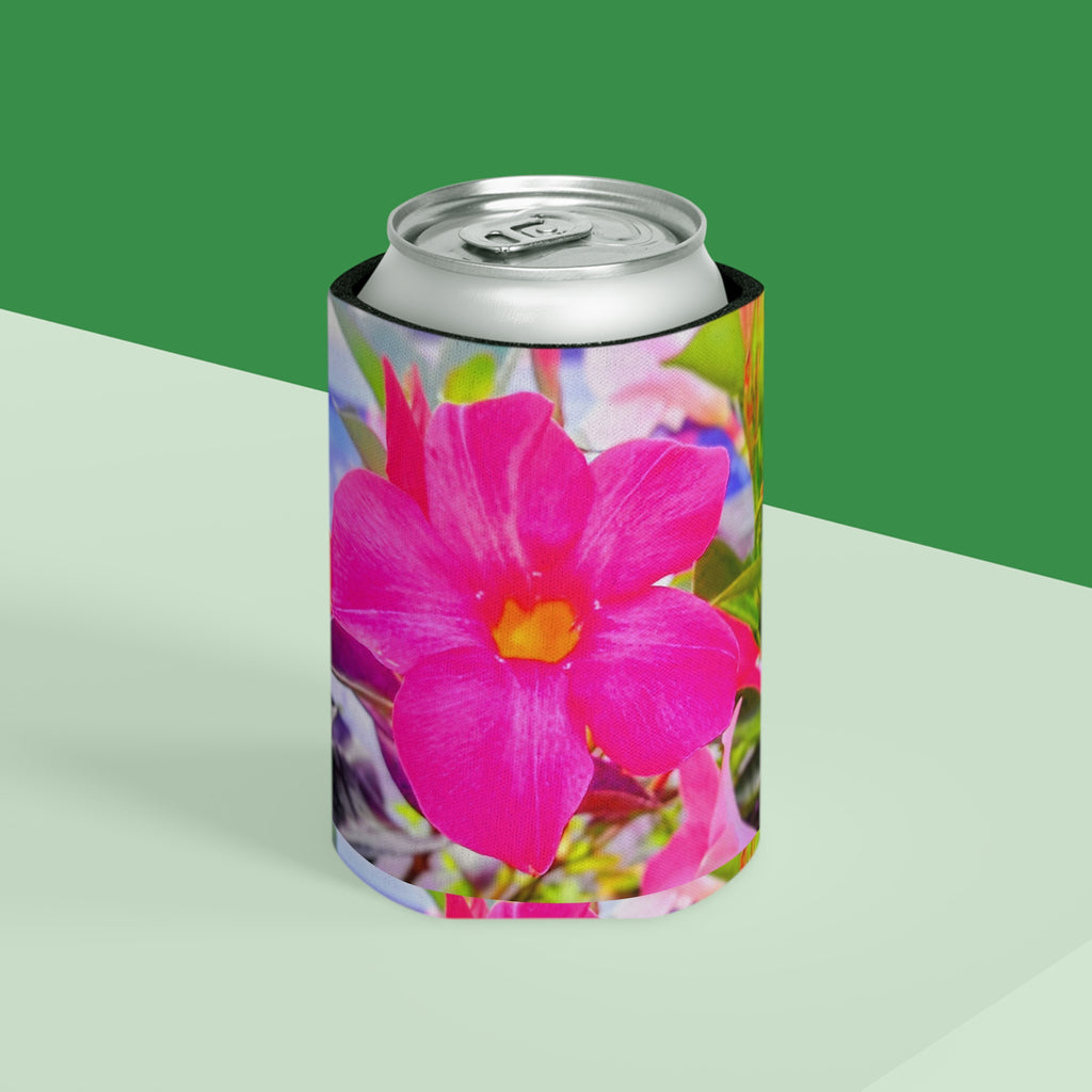 Pink Mandevilla Floral Can Cooler — Tropical Flower Drink Koozie