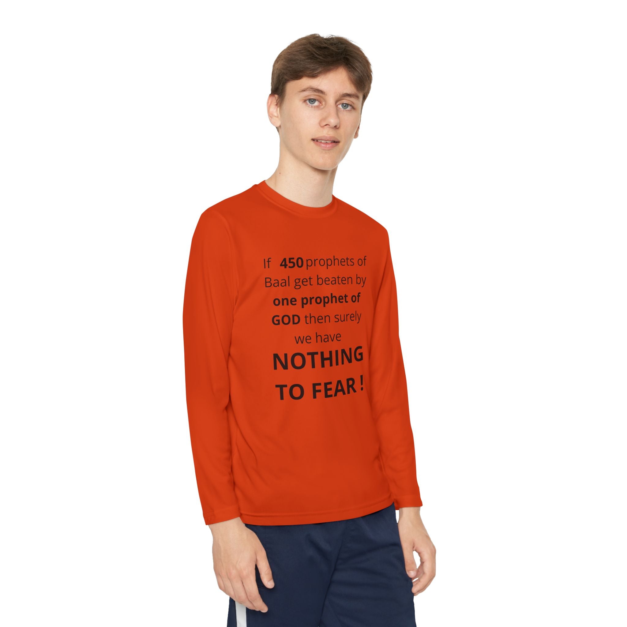 Youth Long Sleeve Tee — "Nothing to Fear" (1 Kings 18:27) — Kid-Designed Christian Tee