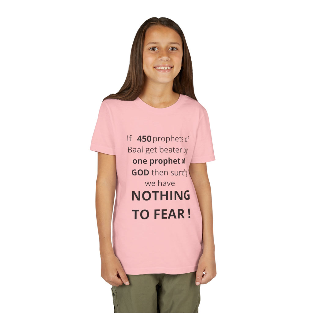 Youth T-Shirt — 1 Kings 18:27 “Don’t Fear Our God Is Strong” (Designed by 12-Year-Old)