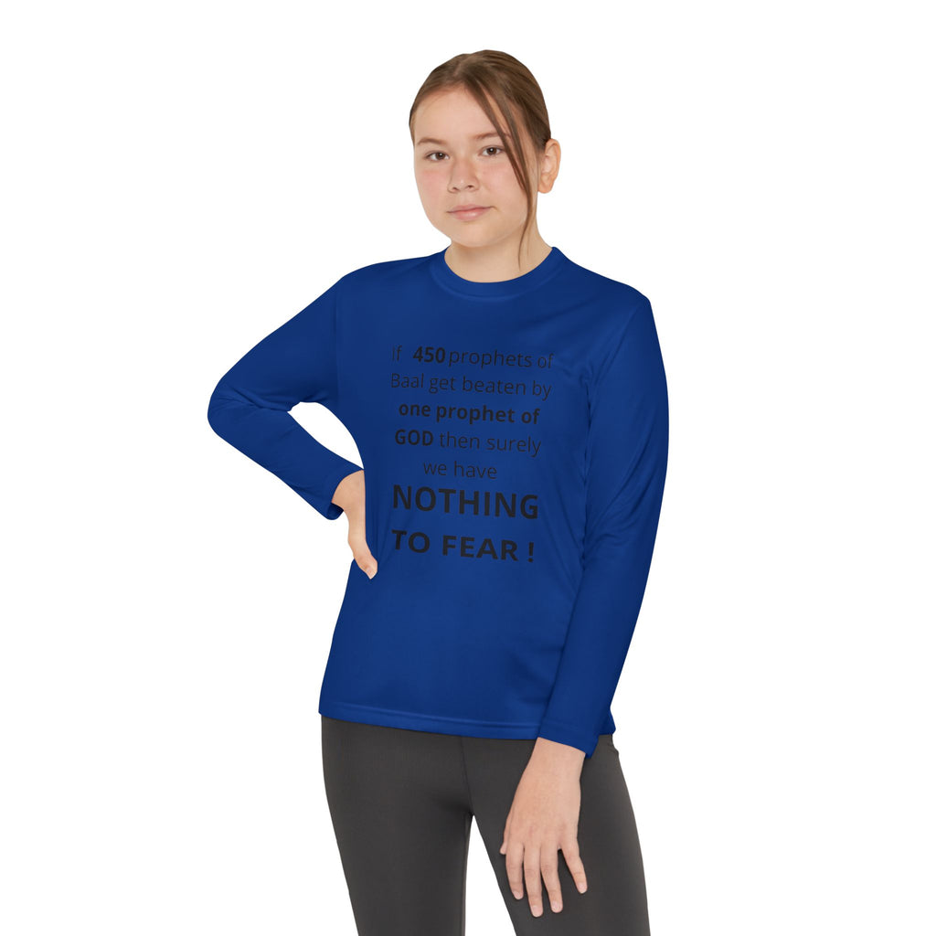 Youth Long Sleeve Tee — "Nothing to Fear" (1 Kings 18:27) — Kid-Designed Christian Tee