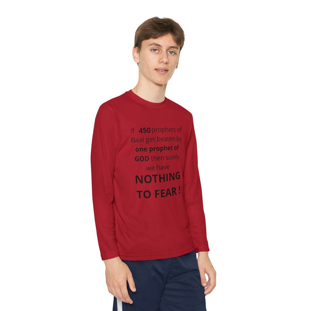 Youth Long Sleeve Tee — "Nothing to Fear" (1 Kings 18:27) — Kid-Designed Christian Tee