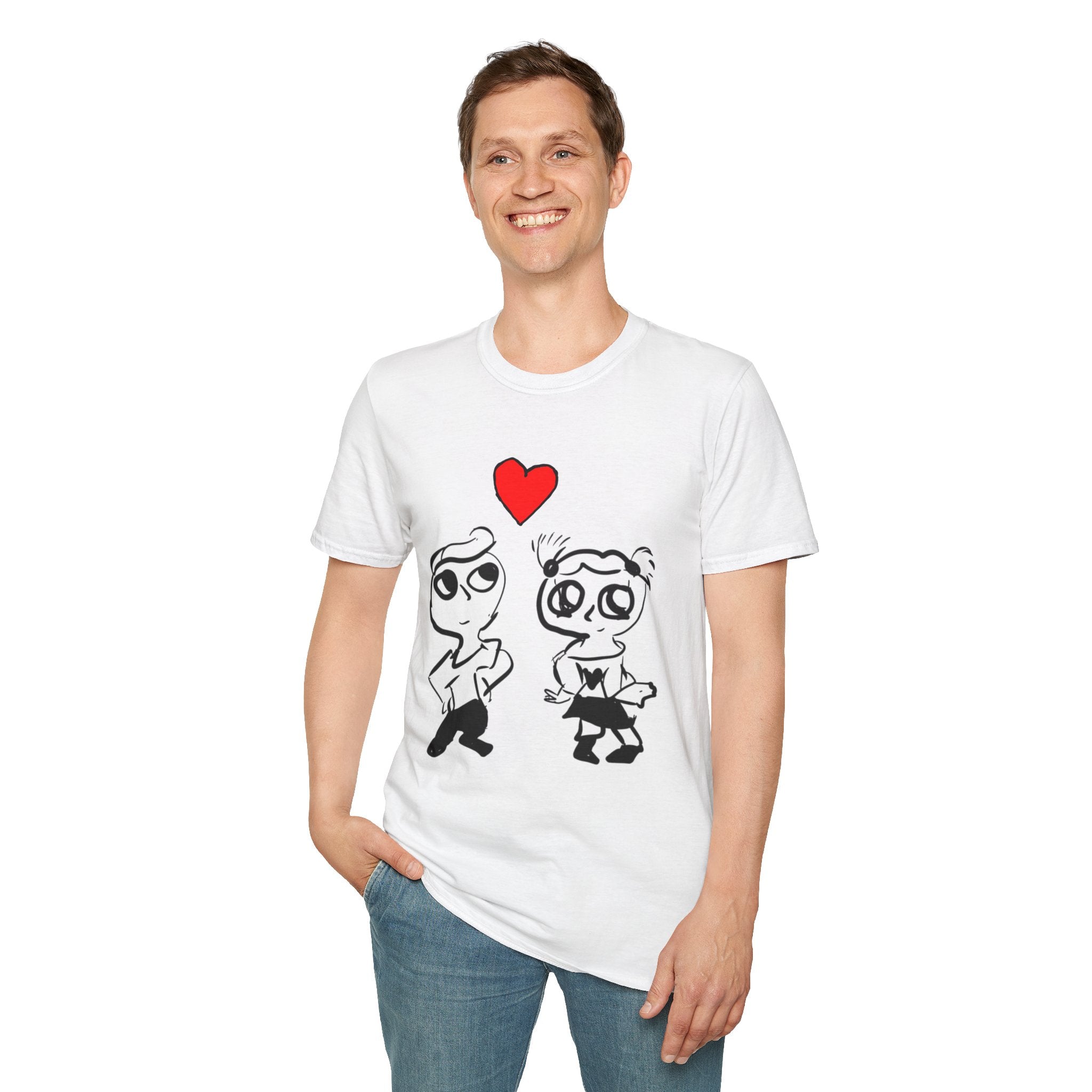 Romantic Cartoon Couple T-Shirt — Cute Heart Sketch Valentine Tee  hand-drawn