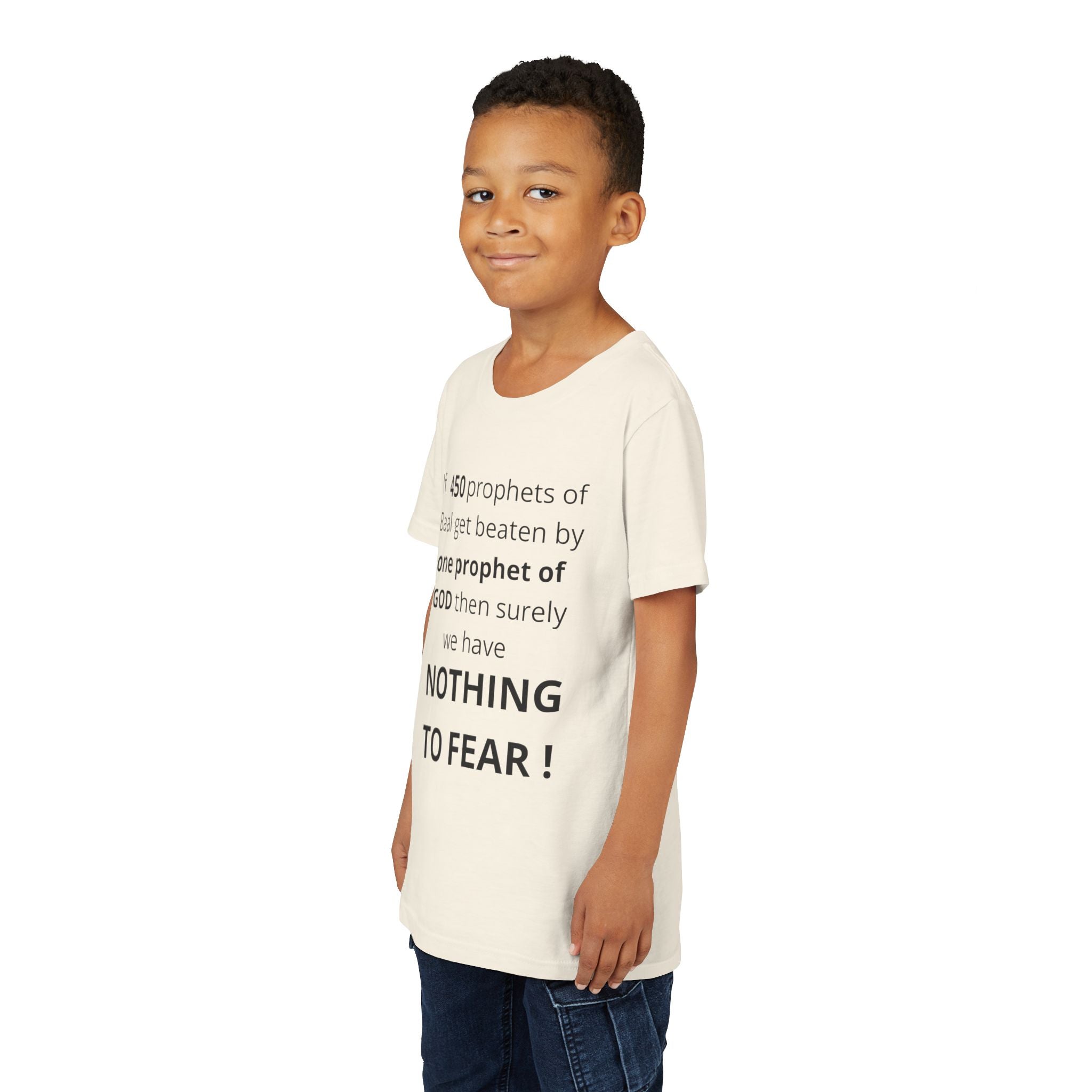 Youth T-Shirt — 1 Kings 18:27 “Don’t Fear Our God Is Strong” (Designed by 12-Year-Old)
