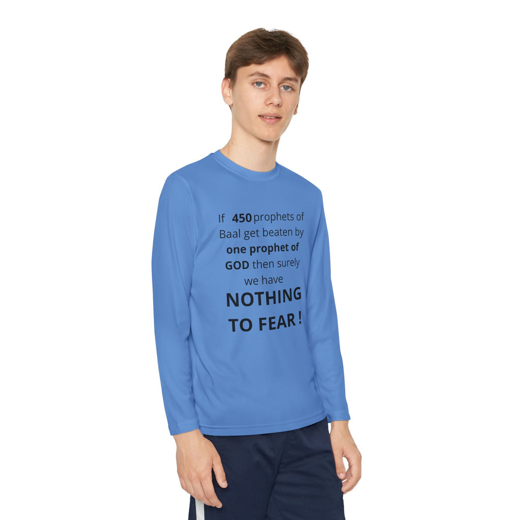 Youth Long Sleeve Tee — "Nothing to Fear" (1 Kings 18:27) — Kid-Designed Christian Tee