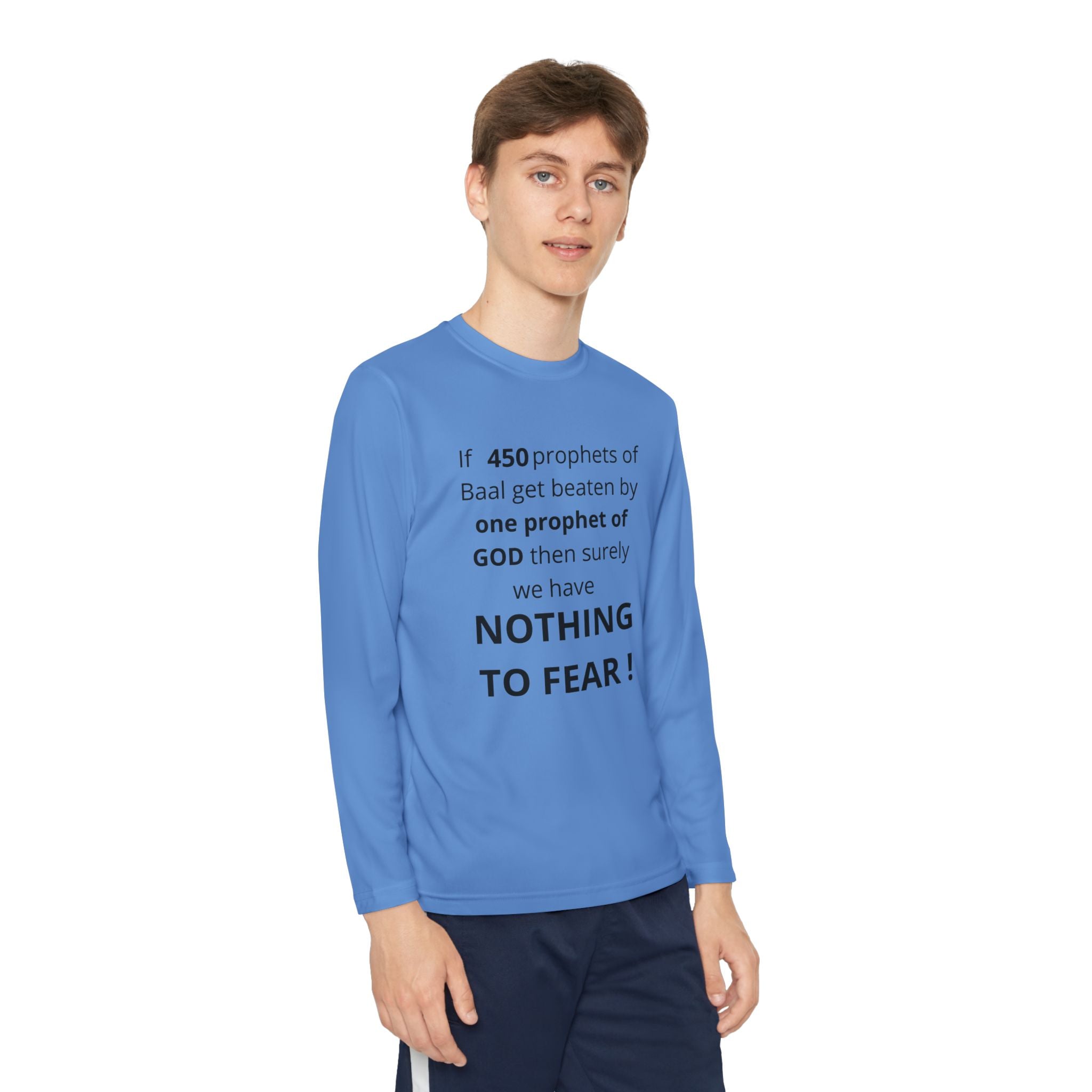 Youth Long Sleeve Tee — "Nothing to Fear" (1 Kings 18:27) — Kid-Designed Christian Tee