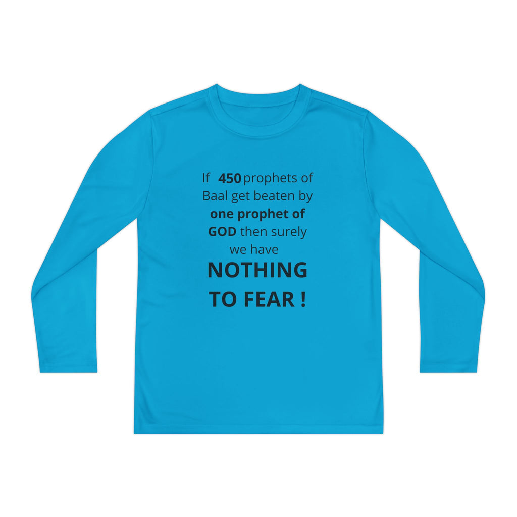 Youth Long Sleeve Tee — "Nothing to Fear" (1 Kings 18:27) — Kid-Designed Christian Tee