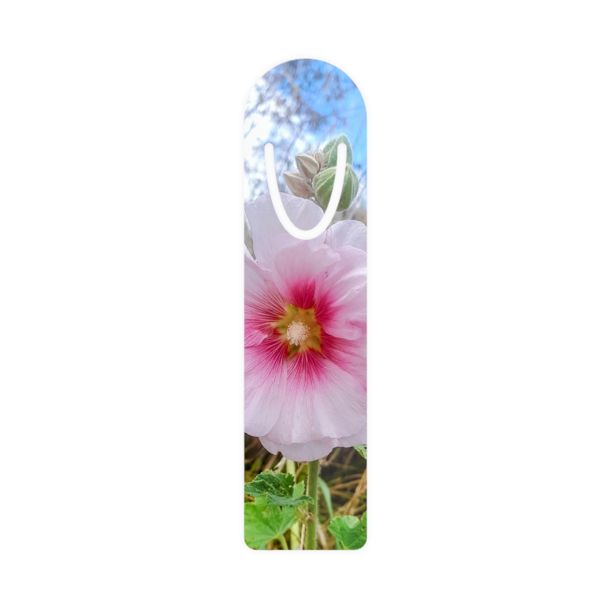 Floral Hollyhock Metal Bookmark — Pink Garden Flower Bookmark with Initial Cutout