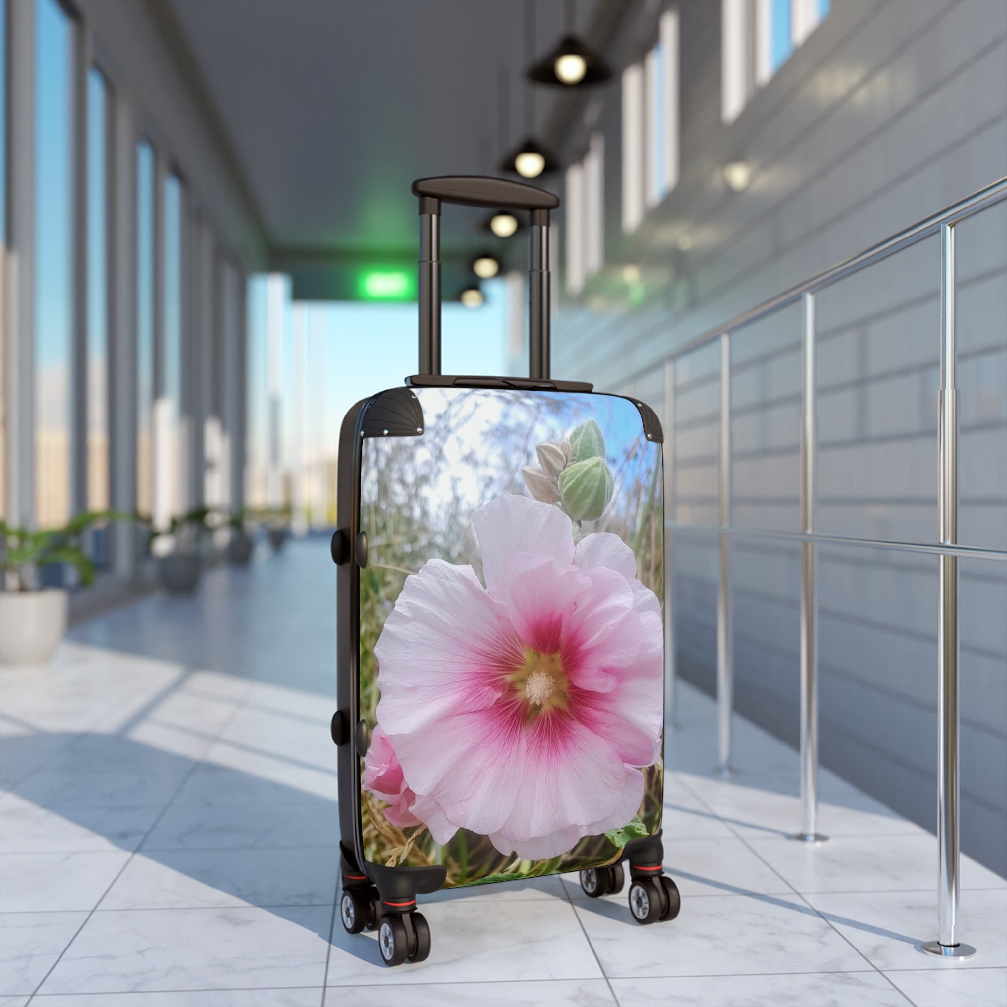 Pink Hollyhock Floral Suitcase – Soft Pastel Flower Carry-On Luggage
