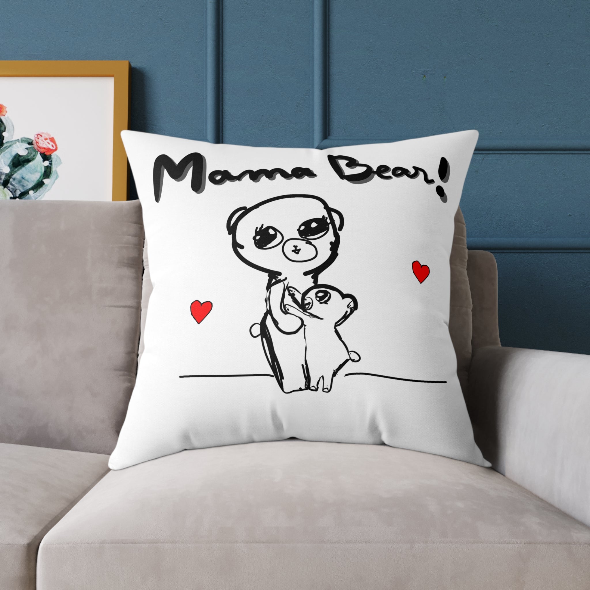 Mama Bear Square Pillow – Cute Mom & Baby Bear Canvas Throw Pillow, Mother’s Day Gift