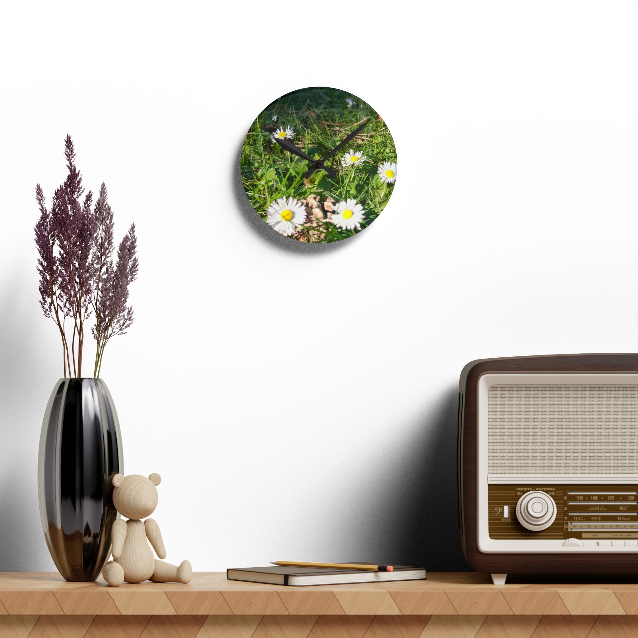 Daisy Field Acrylic Wall Clock — Floral Nature Decor