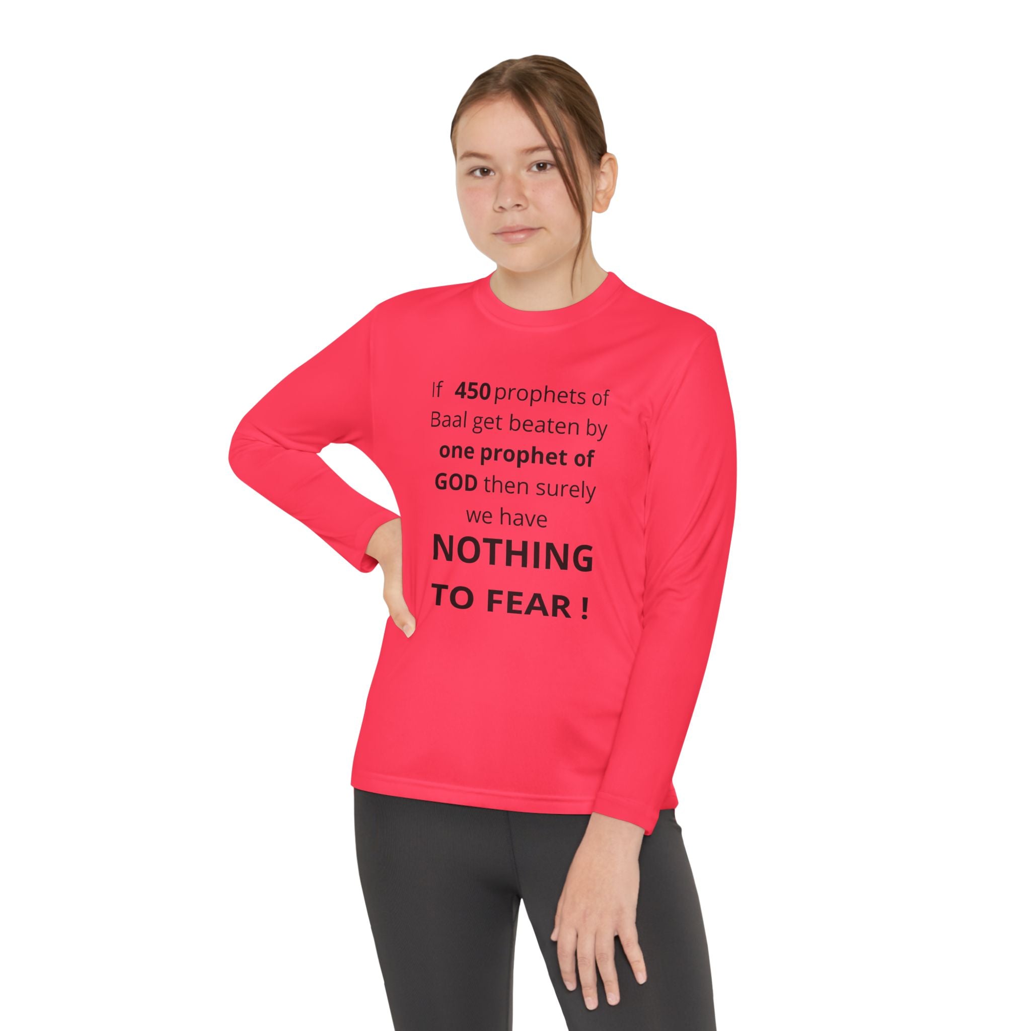 Youth Long Sleeve Tee — "Nothing to Fear" (1 Kings 18:27) — Kid-Designed Christian Tee