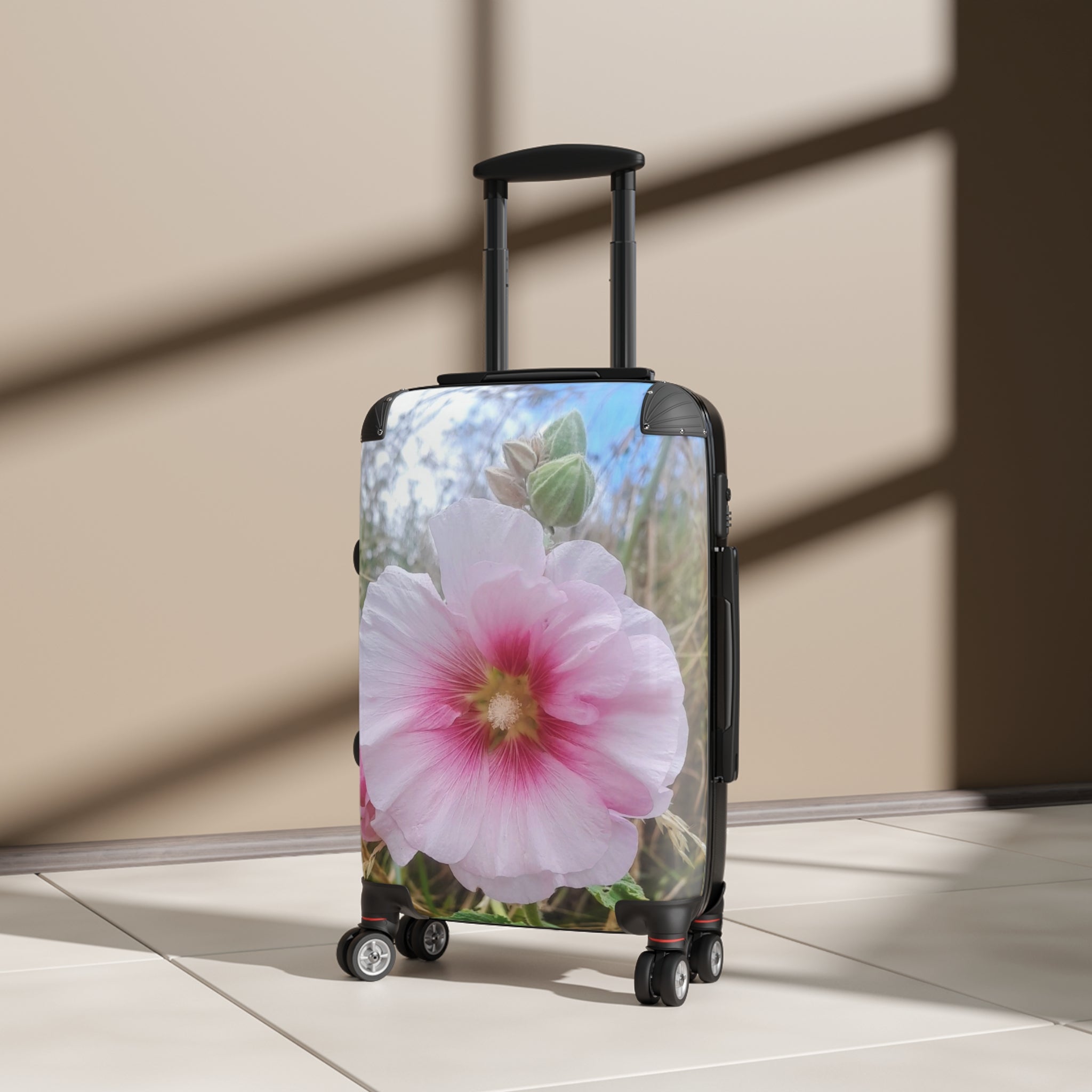 Pink Hollyhock Floral Suitcase – Soft Pastel Flower Carry-On Luggage