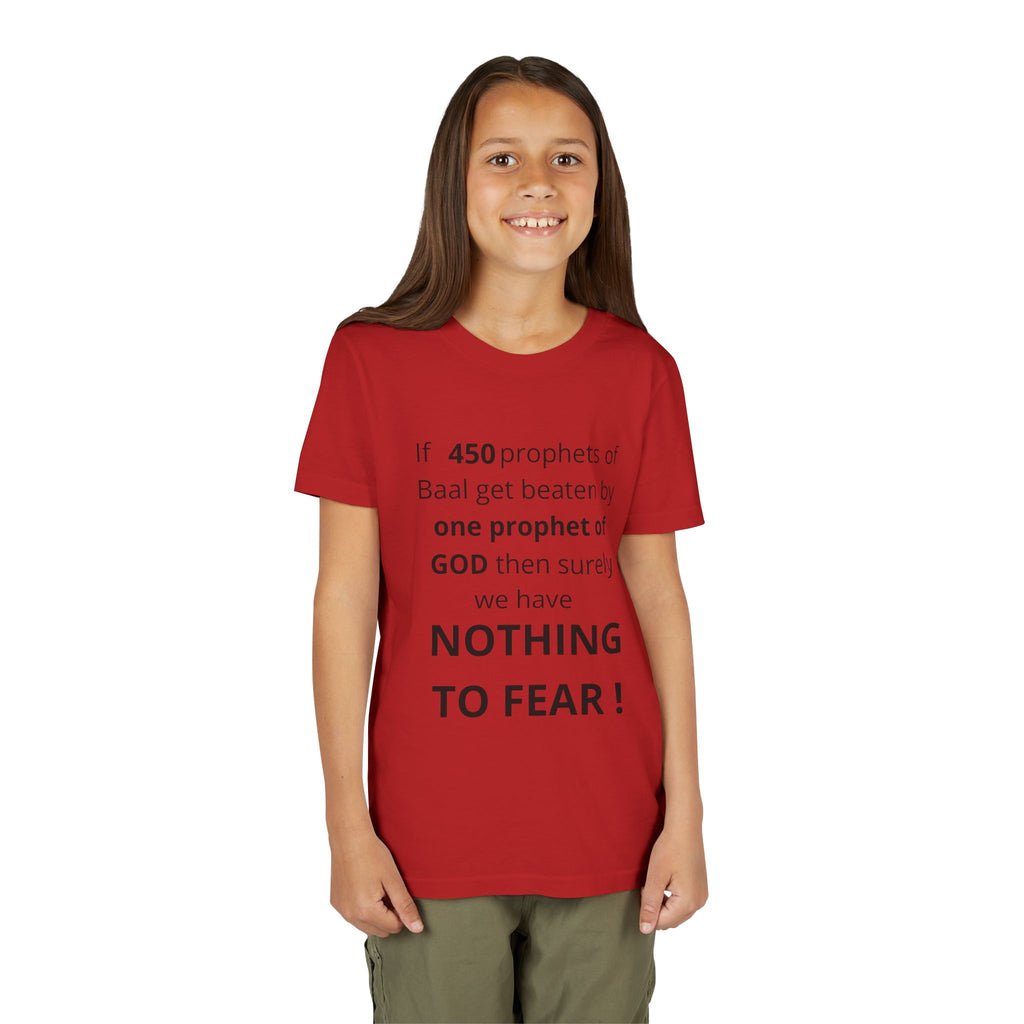 Youth T-Shirt — 1 Kings 18:27 “Don’t Fear Our God Is Strong” (Designed by 12-Year-Old)