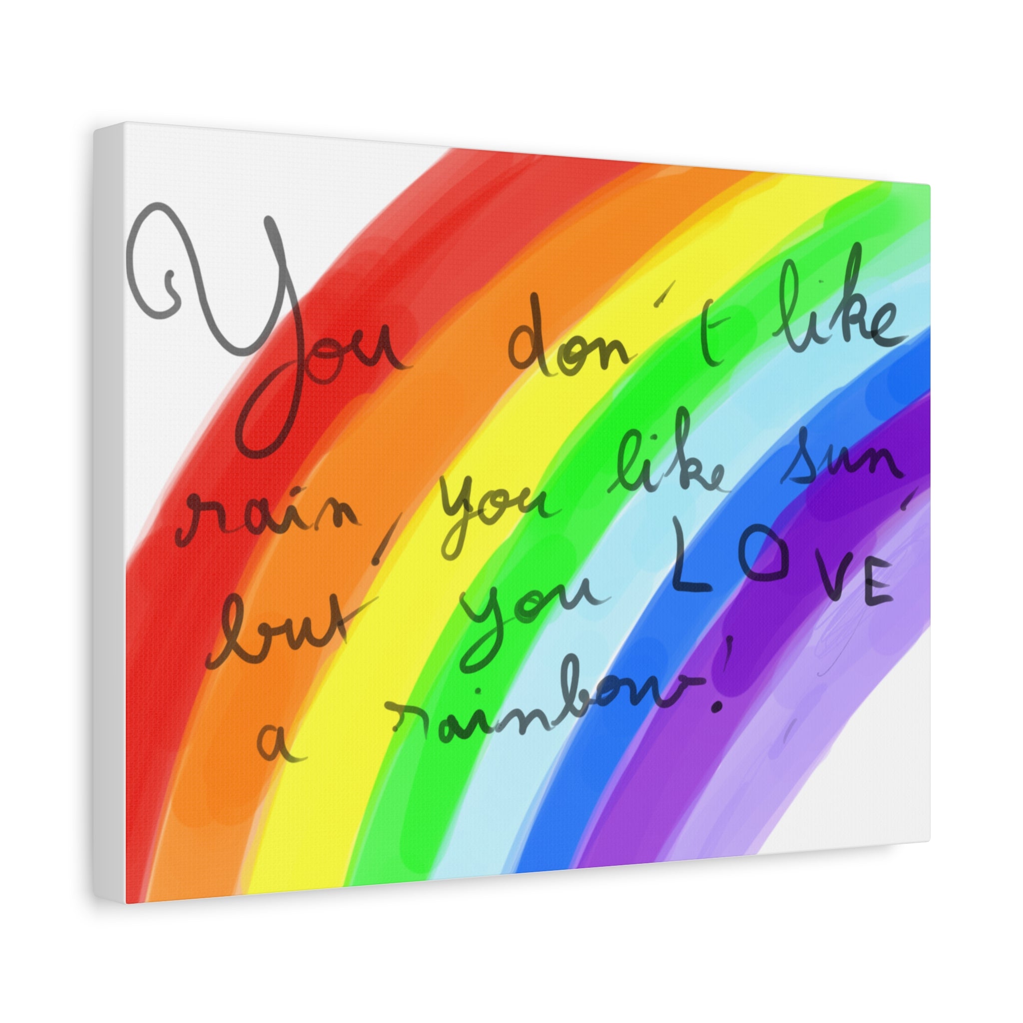 Rainbow Quote and drawing from an eight year old child - Canvas Wall Art — "You don't like rain, you like sun, but you LOVE a rainbow"