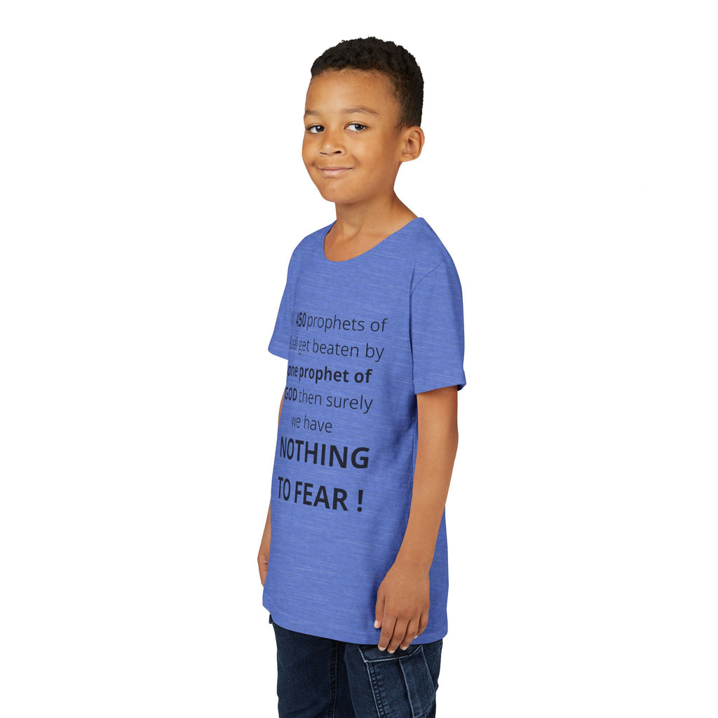Youth T-Shirt — 1 Kings 18:27 “Don’t Fear Our God Is Strong” (Designed by 12-Year-Old)