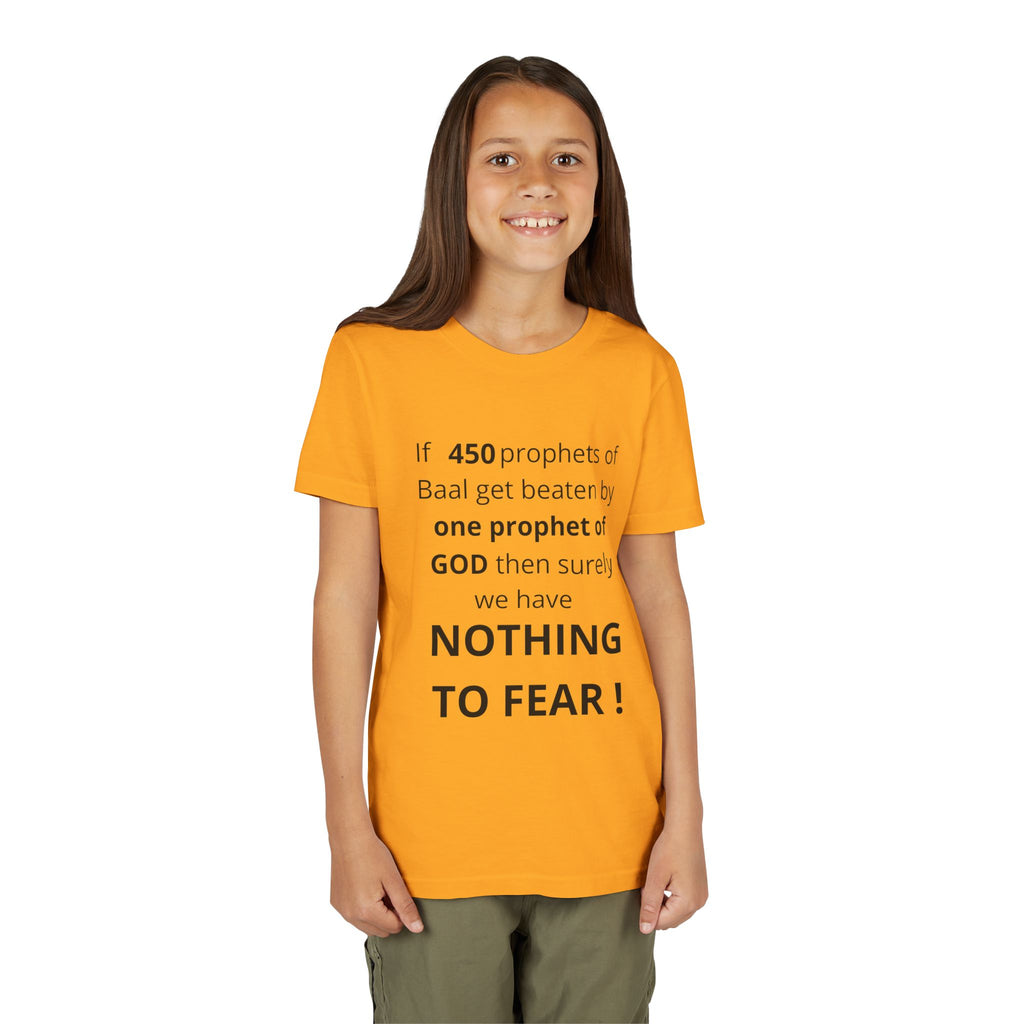 Youth T-Shirt — 1 Kings 18:27 “Don’t Fear Our God Is Strong” (Designed by 12-Year-Old)
