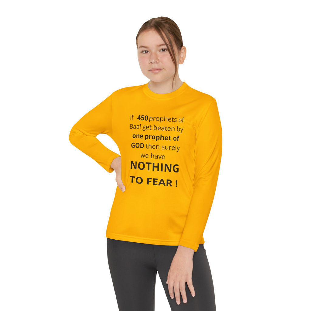 Youth Long Sleeve Tee — "Nothing to Fear" (1 Kings 18:27) — Kid-Designed Christian Tee