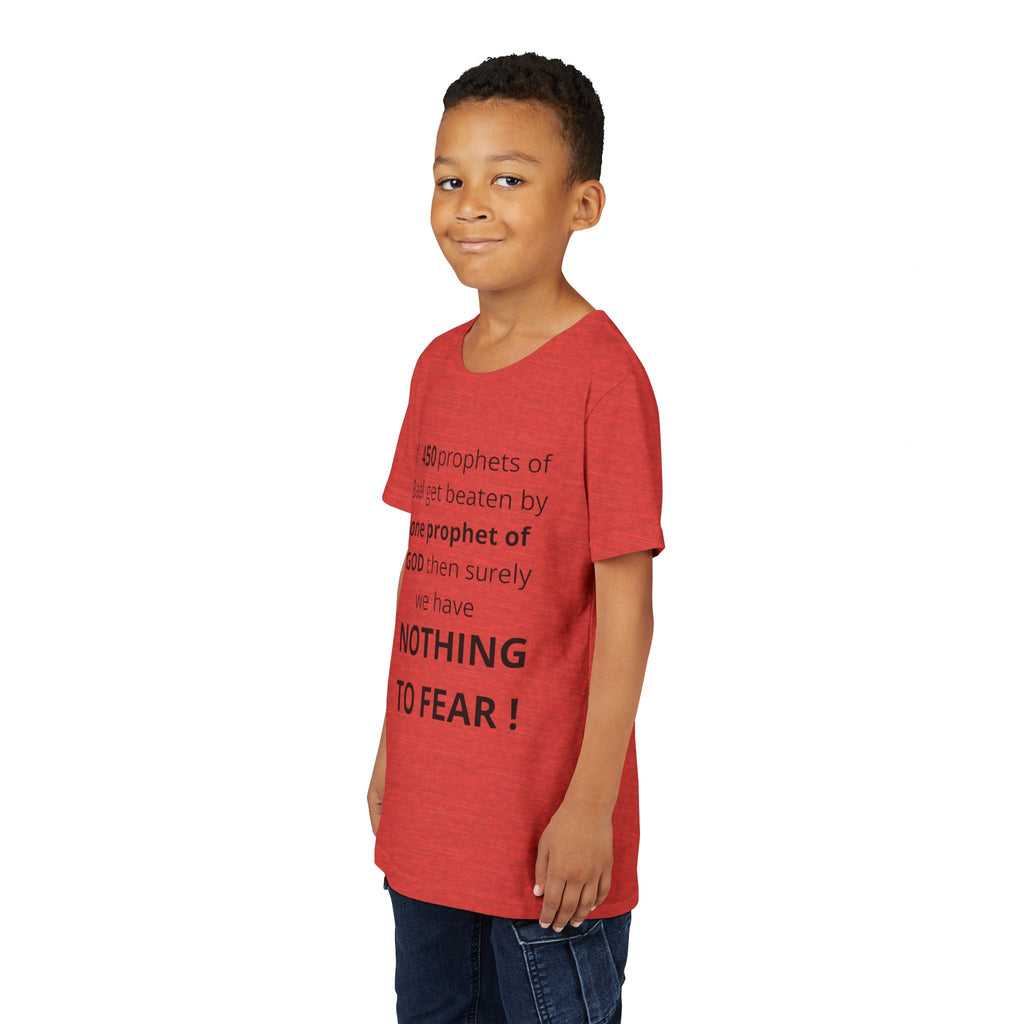 Youth T-Shirt — 1 Kings 18:27 “Don’t Fear Our God Is Strong” (Designed by 12-Year-Old)