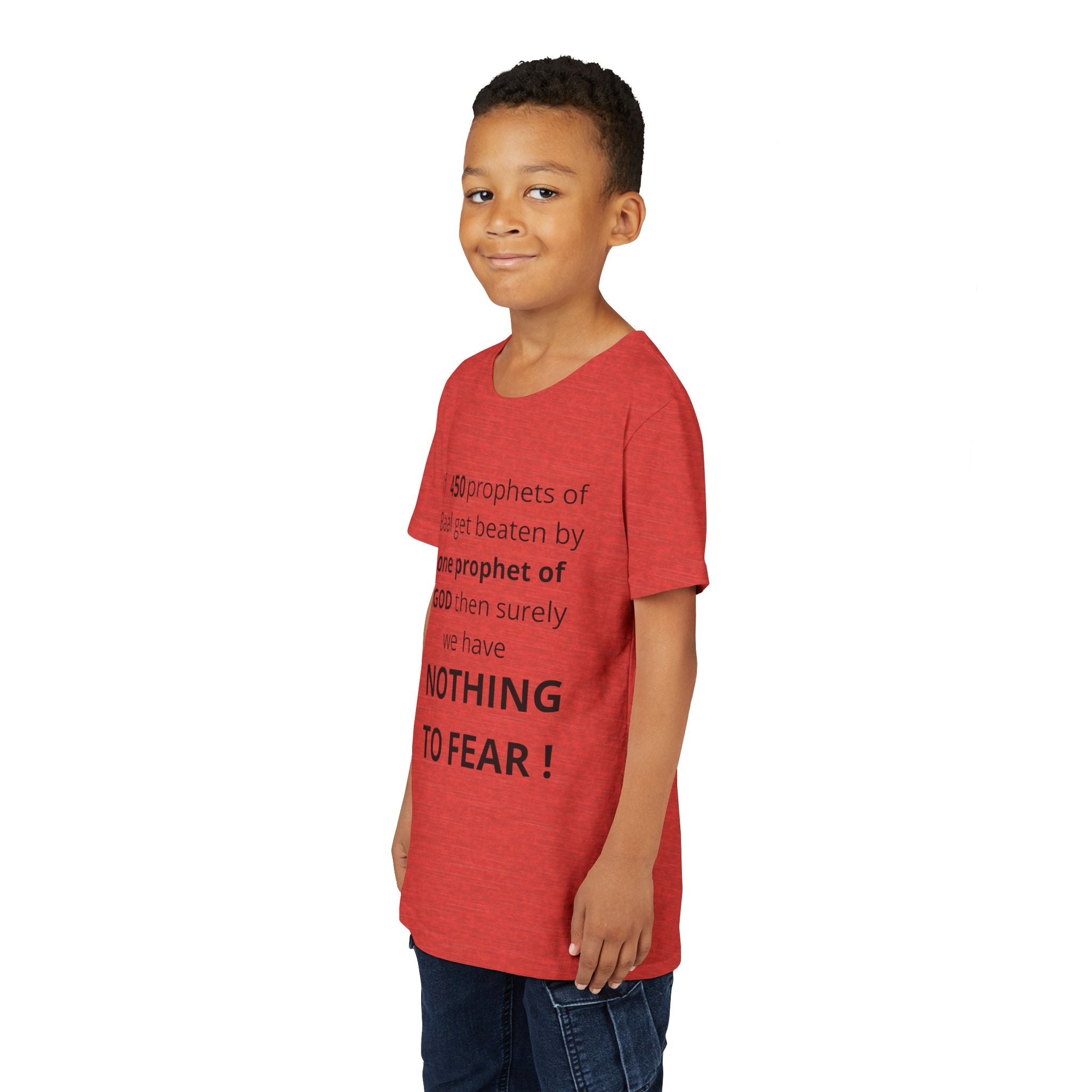Youth T-Shirt — 1 Kings 18:27 “Don’t Fear Our God Is Strong” (Designed by 12-Year-Old)
